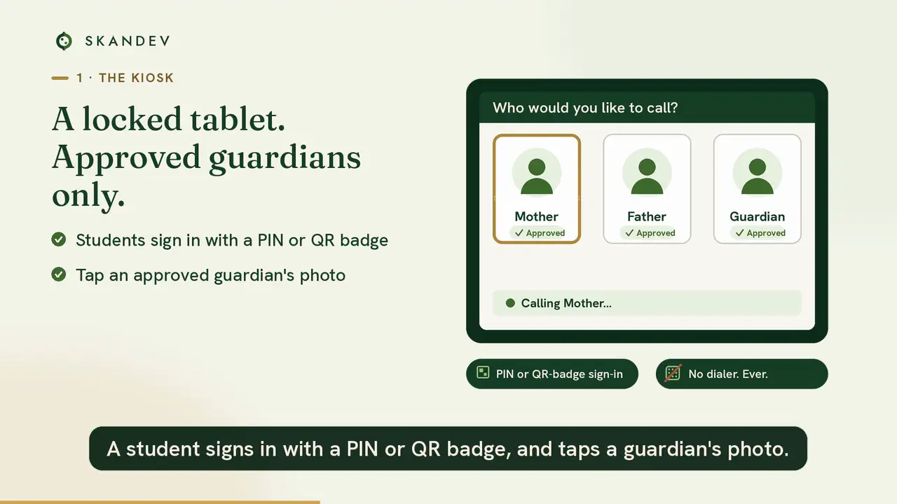 Muted background loop. Illustrated scenes of a boarding student, a locked hostel kiosk, a parent answering on their phone, and a school dashboard. No sound.